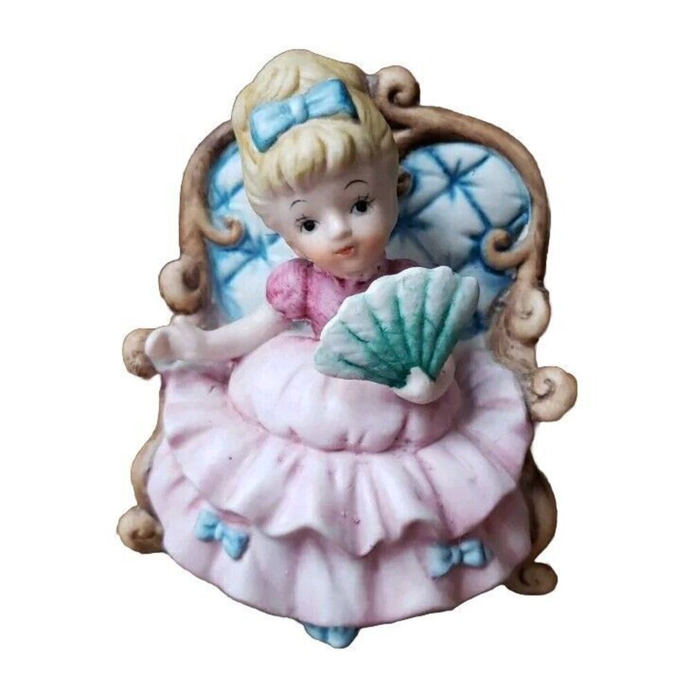 Little Blonde Girl in Chair with Fan Victorian Pink Dress Green Fan Blue Bows